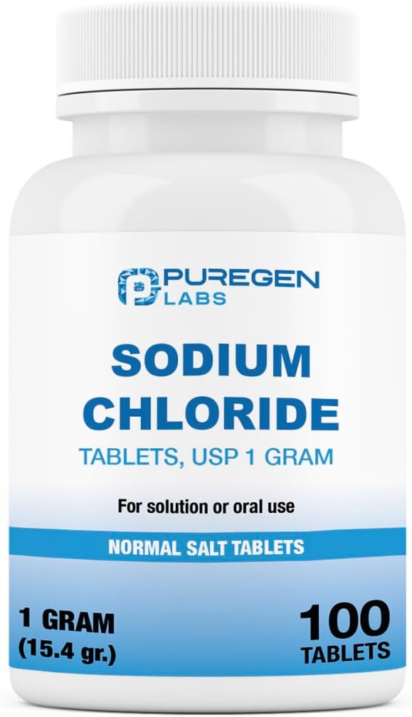 Puregen Labs Sodium Chloride Tablets 1 gm (1000 mg), USP tención (15.4gr.) Silencio 100 Conde Silencio Normal Tablas de Sal Silencio Hecho en EE.UU.