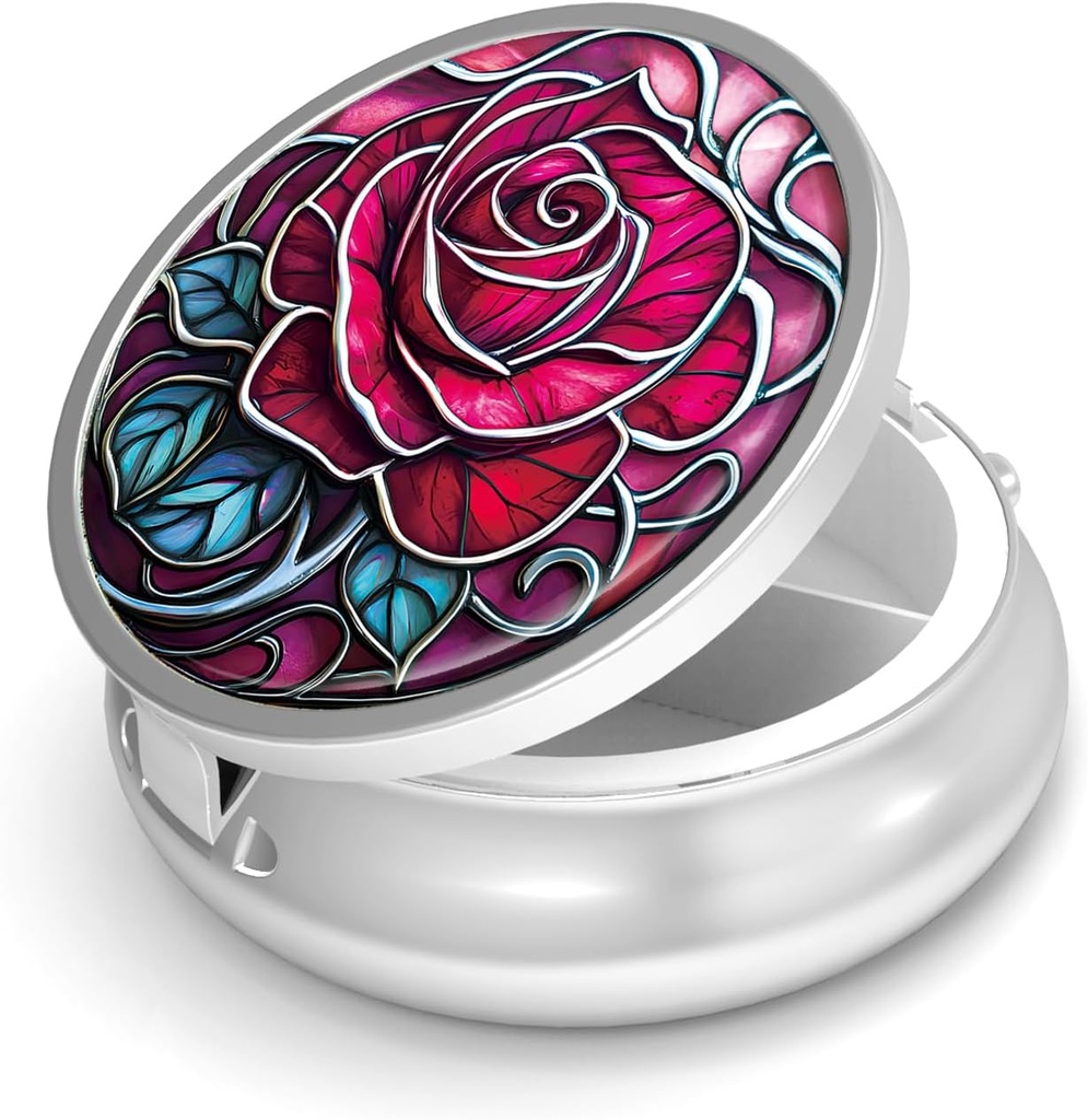 Pill Box-3 Compartment Small Pill Case for Purse & Pocket Mini Contenedor de carga de metal para mantener suplementos Vitaminas libres de BPA (Rose)