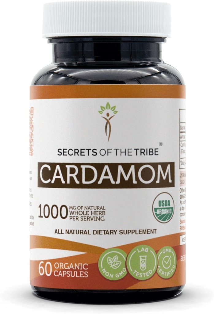 Secretos de la Tribu Cardamom 60 cápsulas, hechos con cápsulas vegetales y USDA Organic Cardamom (Elettaria cardamomomum) Dried Pod (60 cápsulas)