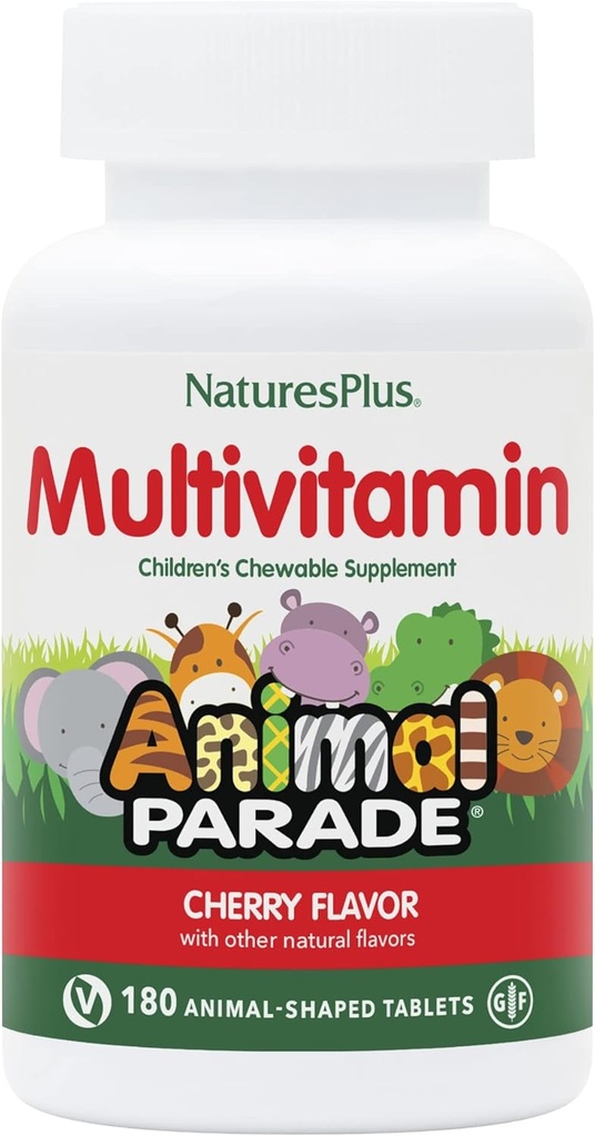 Natures Plus Animal Parade Multivitamínico Chewable para Niños - Cherry Flavor - 180 Tablas con Forma de Animales - Promueve Salud & Bienestar - Vegetariano, Gluten Gratis - 90 Servimientos