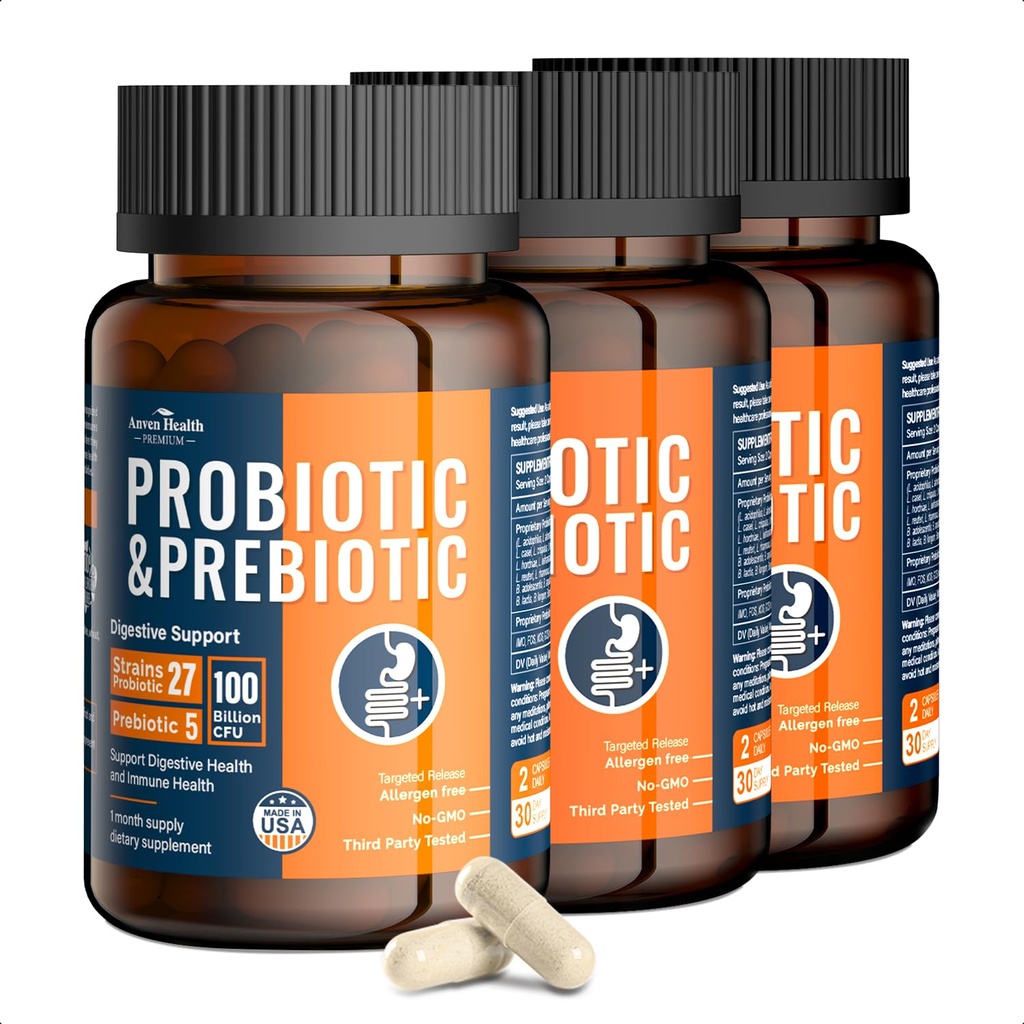 Probióticos de 100 millones para hombres y mujeres 27 Estrados 5 Prebióticos Orgánicos para la Salud Gut Digestiva &amp; Inmune, Apoyos Bloating de gas de diarrea, No GMO, Zero Fillers – Hecho en USA丨180 Caps