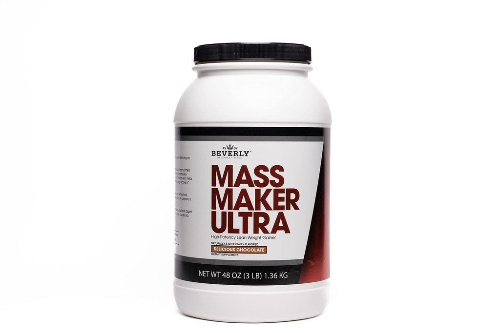 Beverly International Mass Maker Ultra Chocolate, 14 Servings, 3lb. Construir masa magra Como un Pro. Milk Protein Isolate, Whey Protein Isolate + Egg. MCT Oil. Clean Carbs, Great Taste
