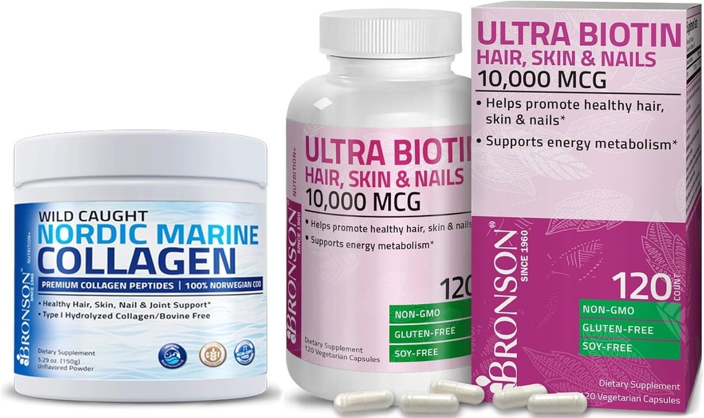 Peptides de colágeno marino Polvo de proteína hidrolizada + Ultra Biotina 10.000 Mcg de piel y uñas Suplemento