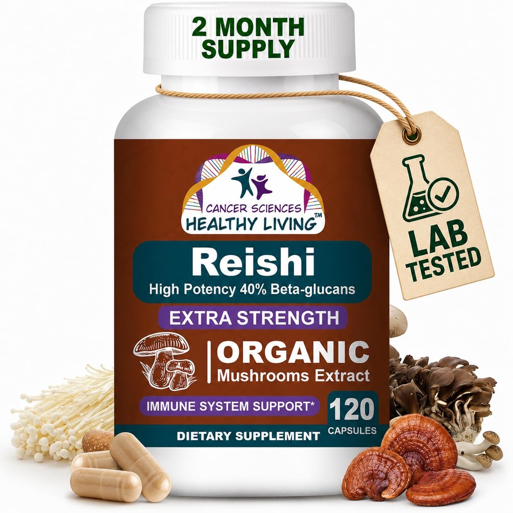 CANCER SCIENCES Reishi Wellness Mushroom Supplement Capsules, USDA Certified Organic Mushrooms Extract, Extra Strength 1,500 mg, High Potency 40% Beta-Glucans, Immune Support, Anti-aging, 120 cápsulas