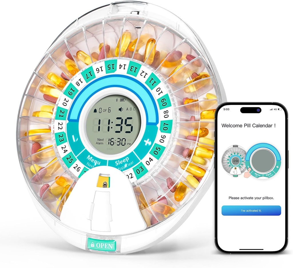 [BRSRMGICAUGQMYLF] Dispensador automático inteligente, 28 piezas Organizador electrónico de píldoras para cualquier dosis con Alarma de Luz / Sonido, Organizador de Medicación Bluetooth, Caja de Píldora Cerrada para Prescripciones y Suplemento