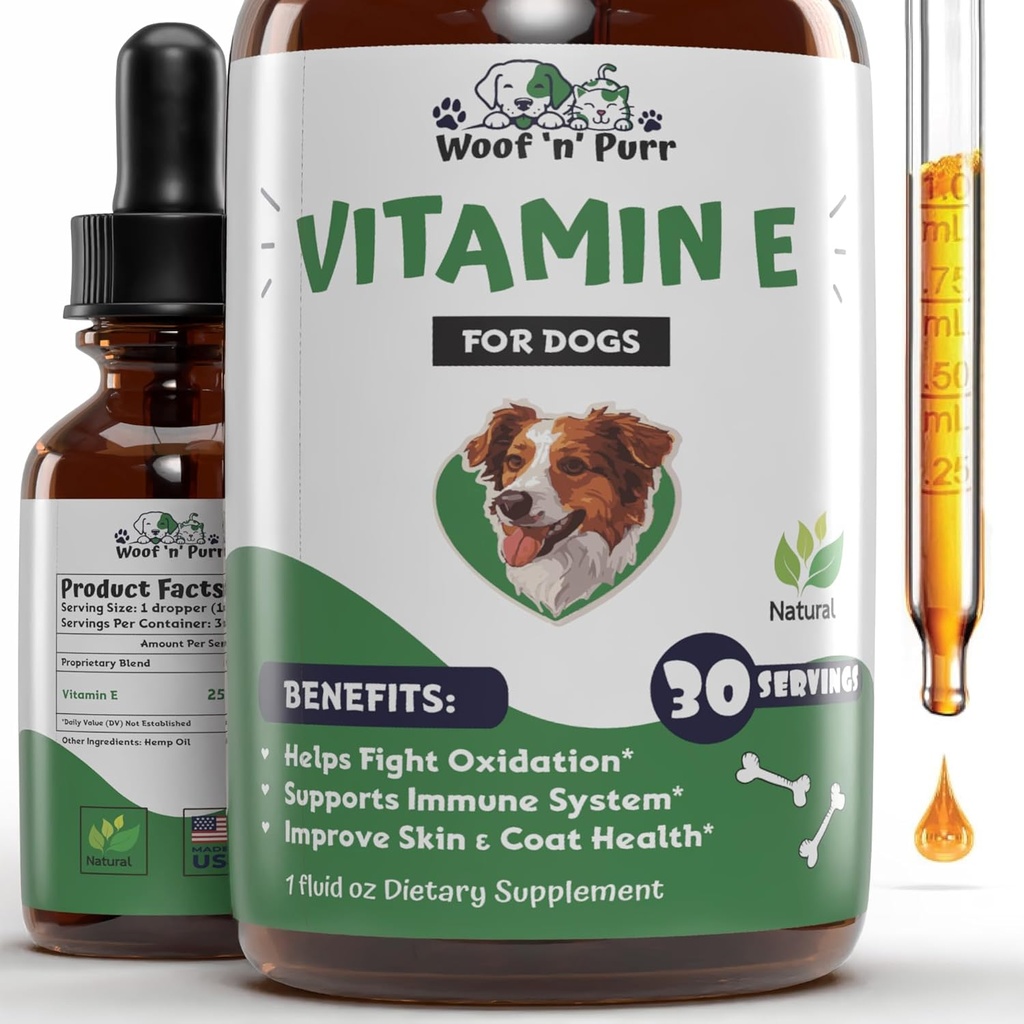 Vitamina E para perros - Vitamina E Dog - Vitamina E para Perro - Vitaminas para Perros E - Vitamina E Canine - Suplemento E para Perros - Vitamina E Petróleo Perro - Vitaminas para perros - Apoyo para Inmunes para perros - 1 fl oz