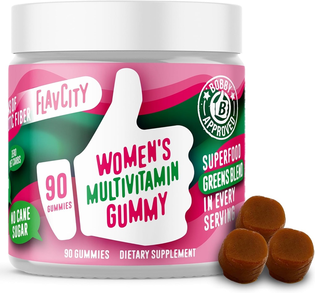 FlavCity Womens Multivitamin Gummy - Gummies multivitamínicas diarias para mujeres - Vitaminas Premium, Minerales & Fibra Prebiótica - No azúcar de caña o aceites de semilla - Wheatgrass orgánica, Moringa & Más (90 Gummies)