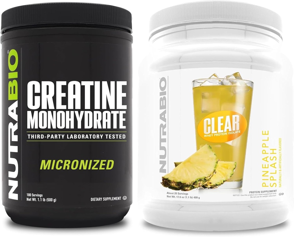 NutraBio Creatine Monohydrate, Unflavored, (500 g) y Clear Whey Protein Isolate, (Pineapple Splash) Suplemento Bundle – Muscle Energy, Maximum Growth, Recovery, and Strength