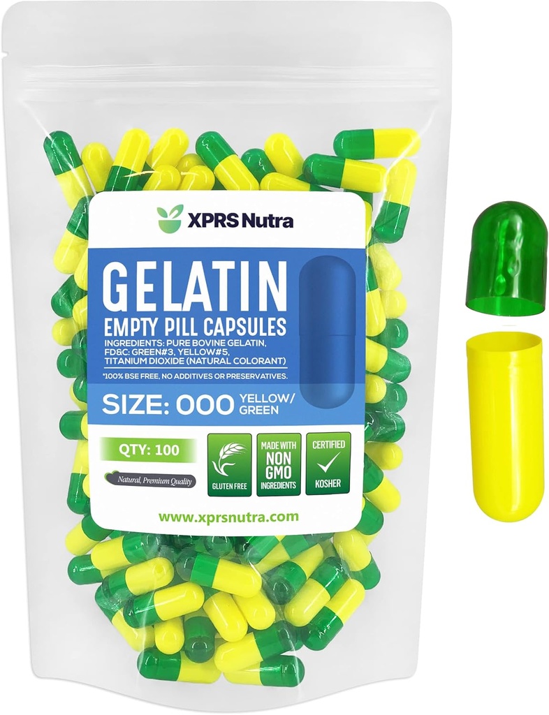 XPRS Nutra Size 000 Empty Capsules - 100 Count Empty Gelatin Capsules - Relleno de cápsulas de suplemento DIY - Cápsulas de gel de color ajustable (Green/Yellow)