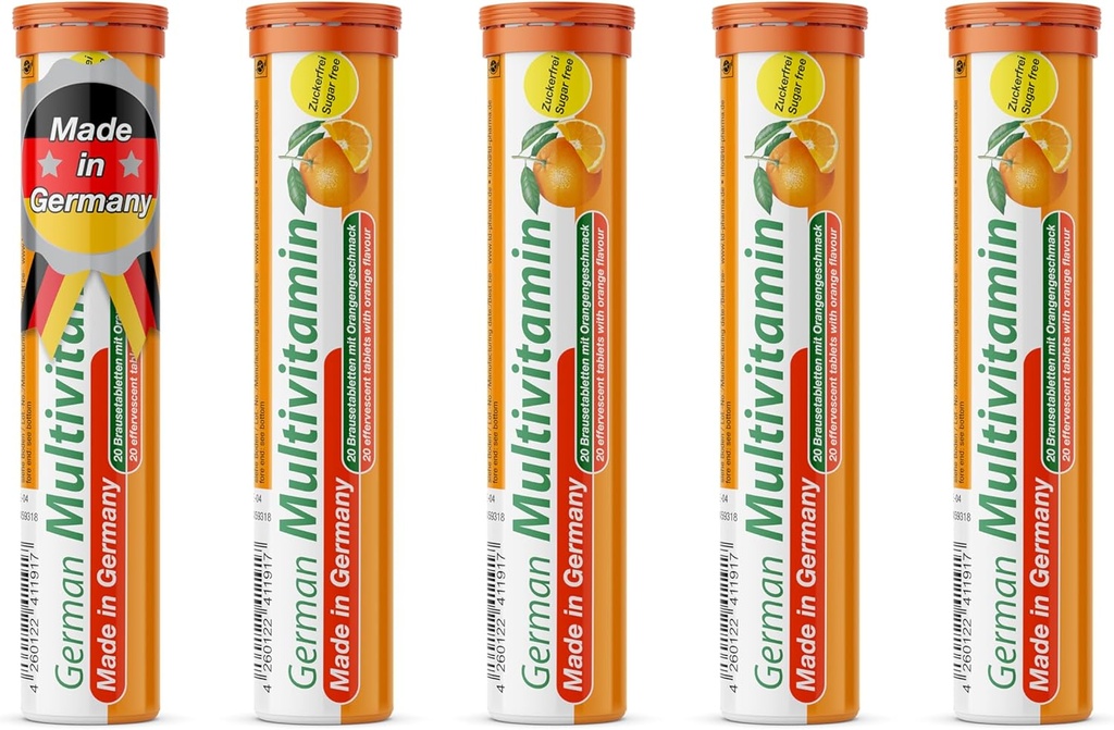 TácD alemán Multvitamin 10 vitaminas - 100 tabletas de bebidas veganos - sabor naranja - hecha en Alemania