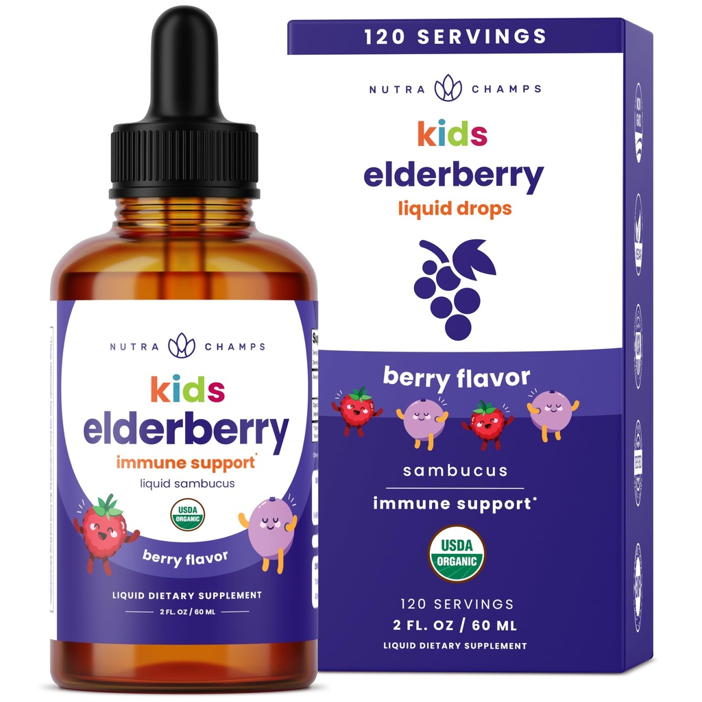 NutraChamps Black Elderberry for Kids Liquid Drops, 10:1 Extracto Sambucus Elderberry Syrup for Kids, Sugar-Free European Elderberry Drops Berry Flavor, Immune Support, 4 Month Supply