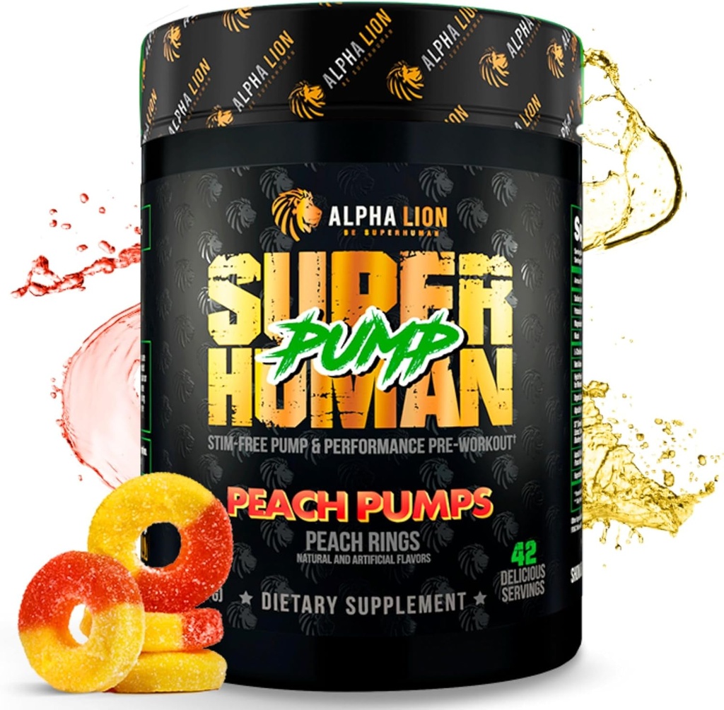 ALPHA LION Superhuman Pump Pre Workout Powder, Nootropic Caffeine & Stim Free Preworkout Suplemento, Nitric Oxide Booster, Muscle Gainer, Energy & Focus (42 Servings, Peach Pumps Flavor)