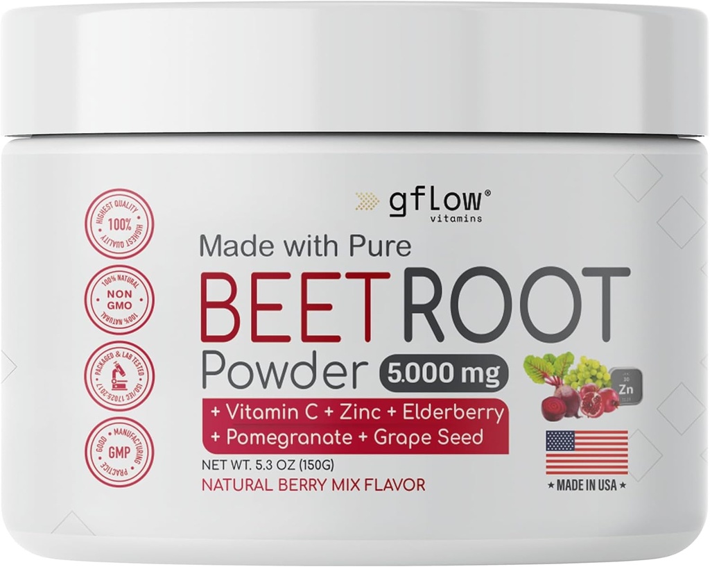 Powder de remolacha - Nitric Oxide Boost y Heart Health - No GMO Suplemento de Superalimentos - Natural Berry Mix Flavor, 30 Servimientos
