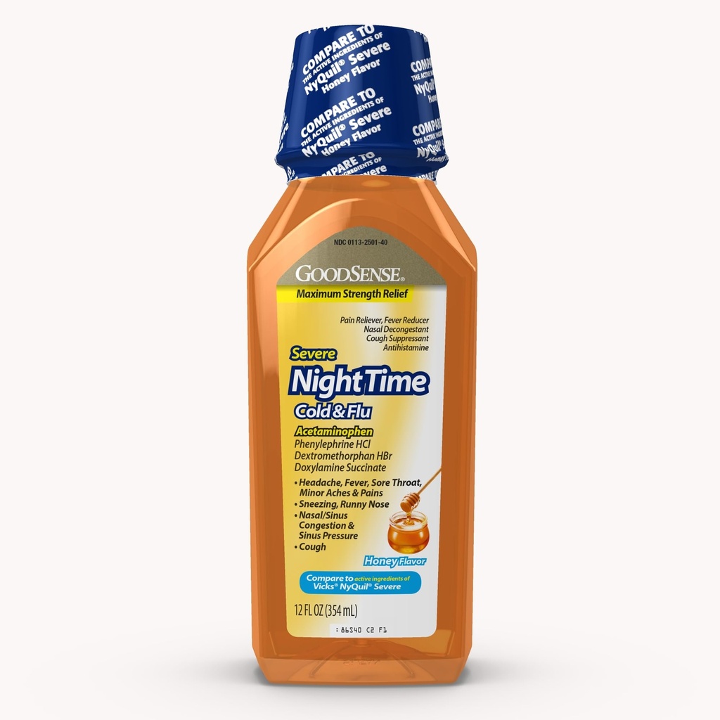 GoodSense Nighttime Honey Flavor Severe Cold and Flu Relief, Liquid Medicine, 12 Fl Oz