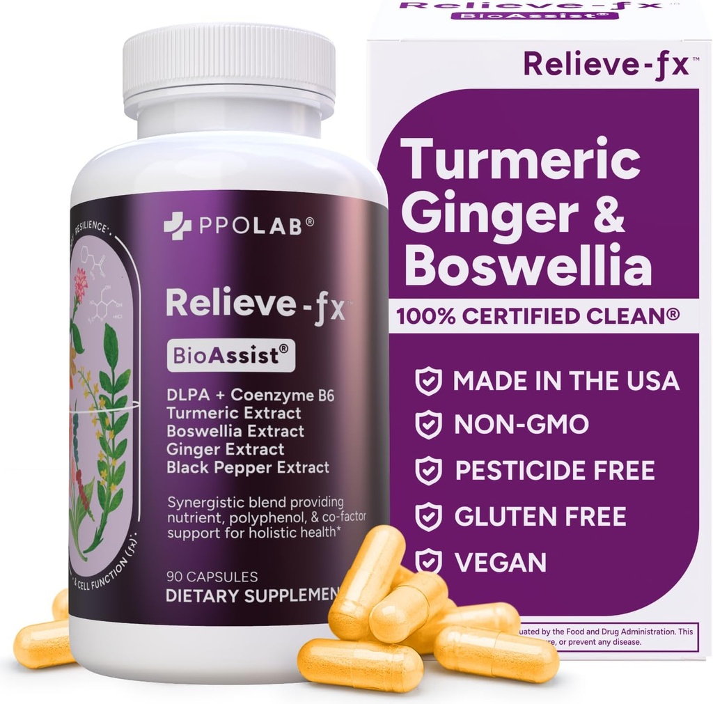 Relieve-fxTM DLPA Boswellia Turmeric and Ginger Supplement, Stress Relief, Heart, Digestion, Muscle Cramp, Joint, Inflammation Health, Vitamin B6 P5P, Boswellic Acid, Curcumin with Black Pepper - 90ct
