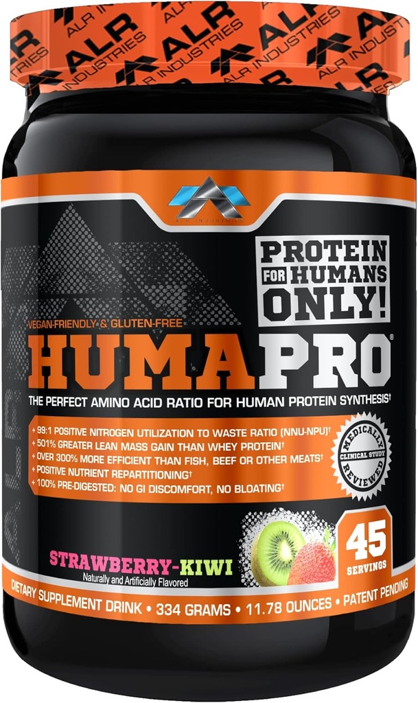 Humapro TENIDO Aminoácidos Matriz de proteínas para humanos TENIDO 99% Utilización para el músculo magro TEN Vegan, Gluten Free TEN 334g / 45 Servings (Strawberry Kiwi)