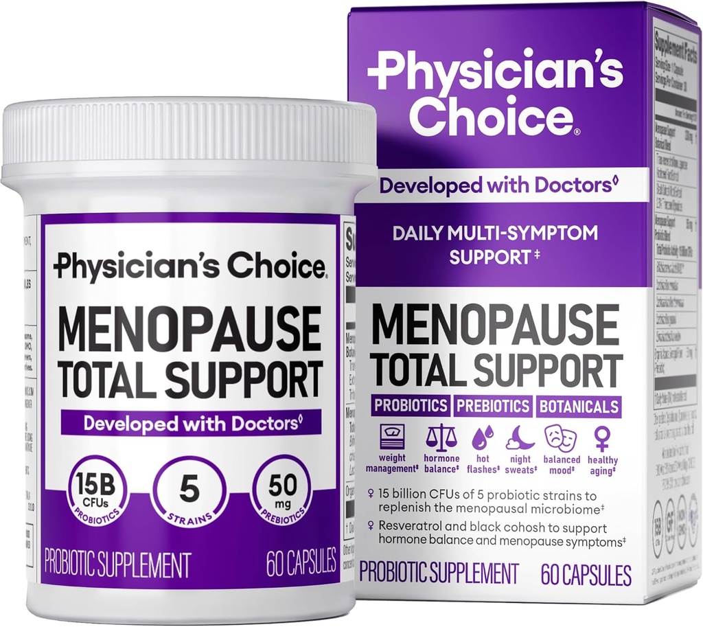 CHOICE del Médico Menopause Probiotic Supplement for Women - Supports Hormone Balance, Hot Flashes, Night Sweats, Weight Management, Bloating & Gut Health - with Black Cohosh, Resveratrol+ - 60ct