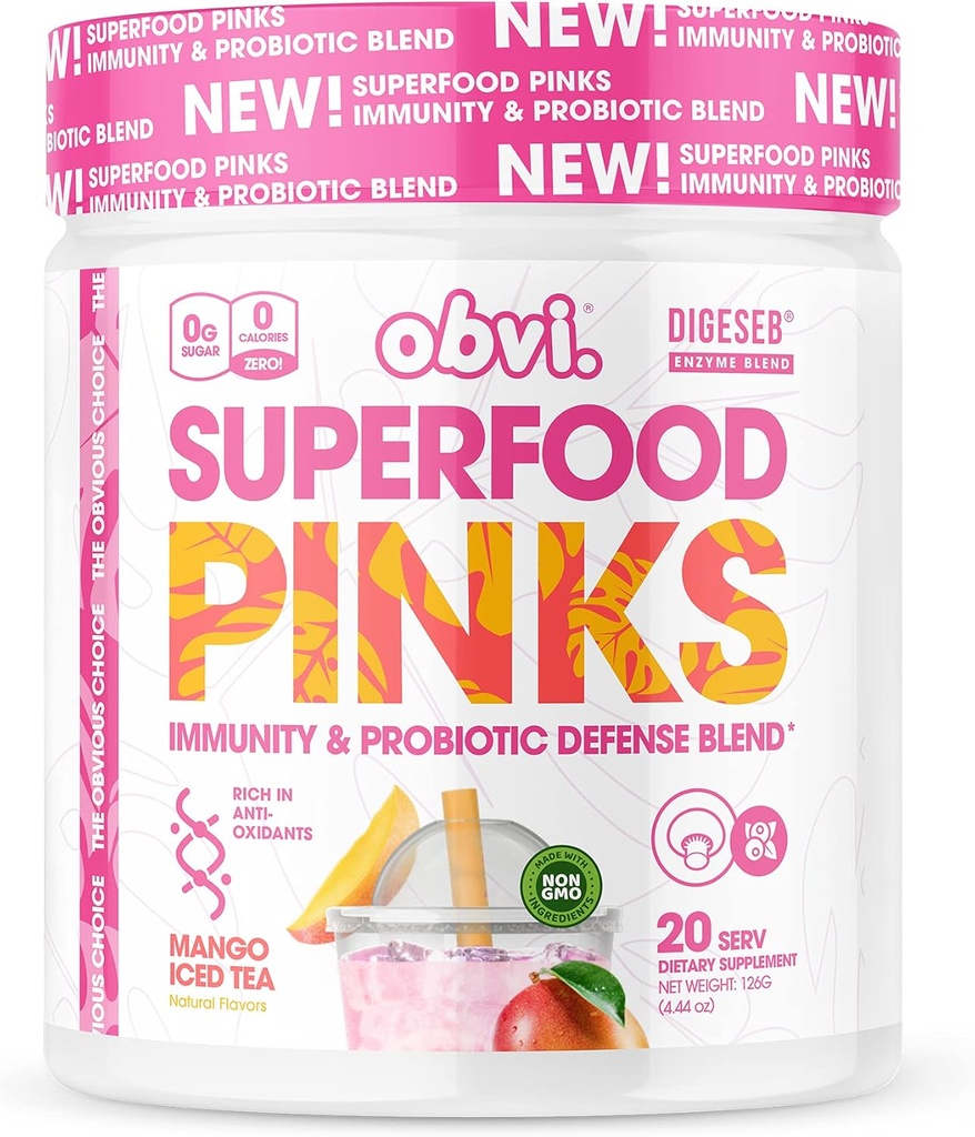 Obvi Superfood Pinks Probiótico Blend tención Rich in Antioxidants, Adaptogens, Digestive Enzyme Blend, Immune Support, Gut Health ← Keto, Gluten-Free, No Sugar, 10 Billion CFU ← Mango Iced Tea, 20 Servings