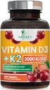 Vitamin D 2000 IU 50mcg Per Tablet - Vitamins D3 & K2 (MK7) Complex Supplement for Bone, Teeth, Muscle, Calcium Absorption, Supports Immune & Heart Health, Chewable Formula USA Bottled - 180 Tablets