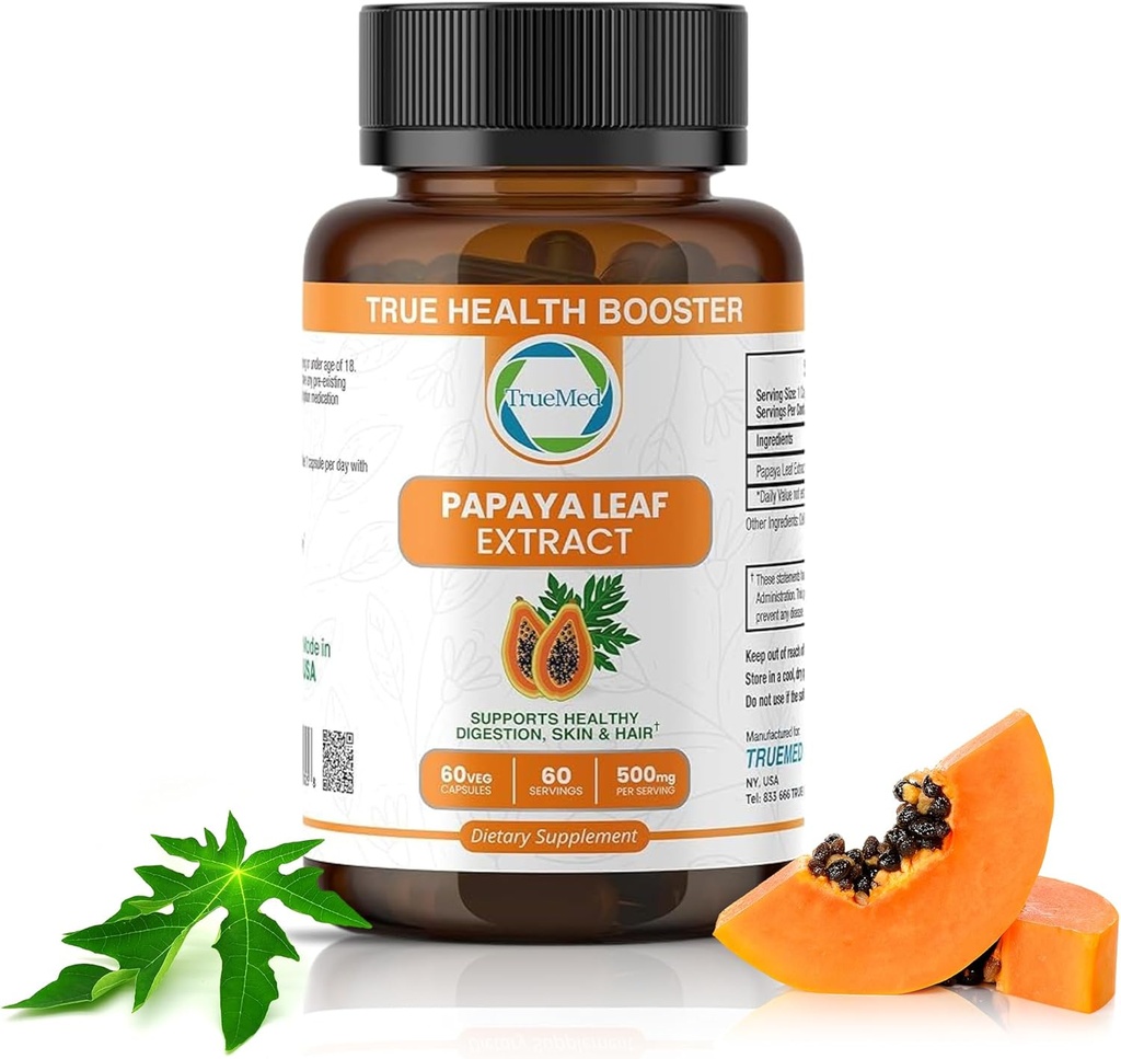 Papaya Leaf Extracto 500 mg para el cabello, la piel con 4X Extra Strength Support Plaqueta de sangre con 60 cápsulas para 60 días soporta salud digestiva " Antioxidante natural