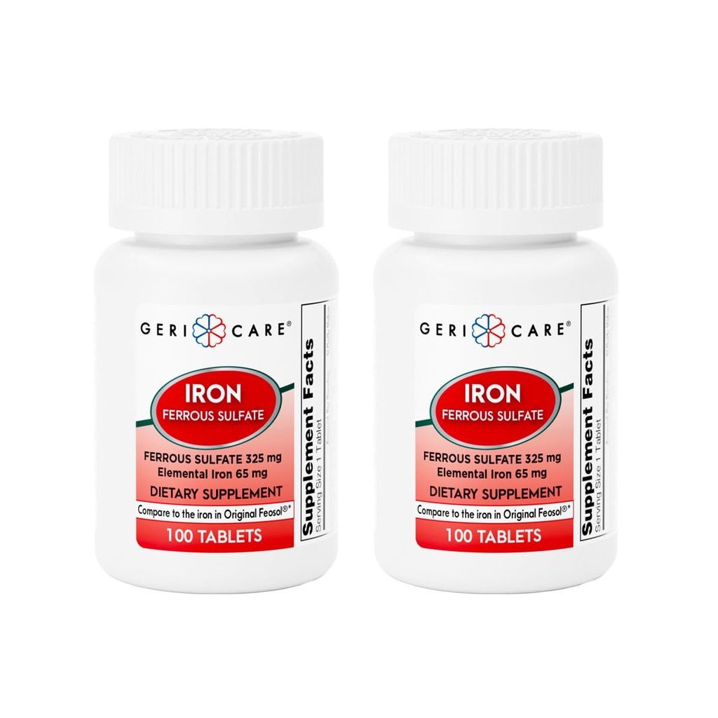 GeriCare Ferrous Sulfate Tablets 325mg, Elemental Iron 65 mg Suplemento de Hierro de Alta Potencia ← Dietary Supplement 100 Count. (Pack of 2)