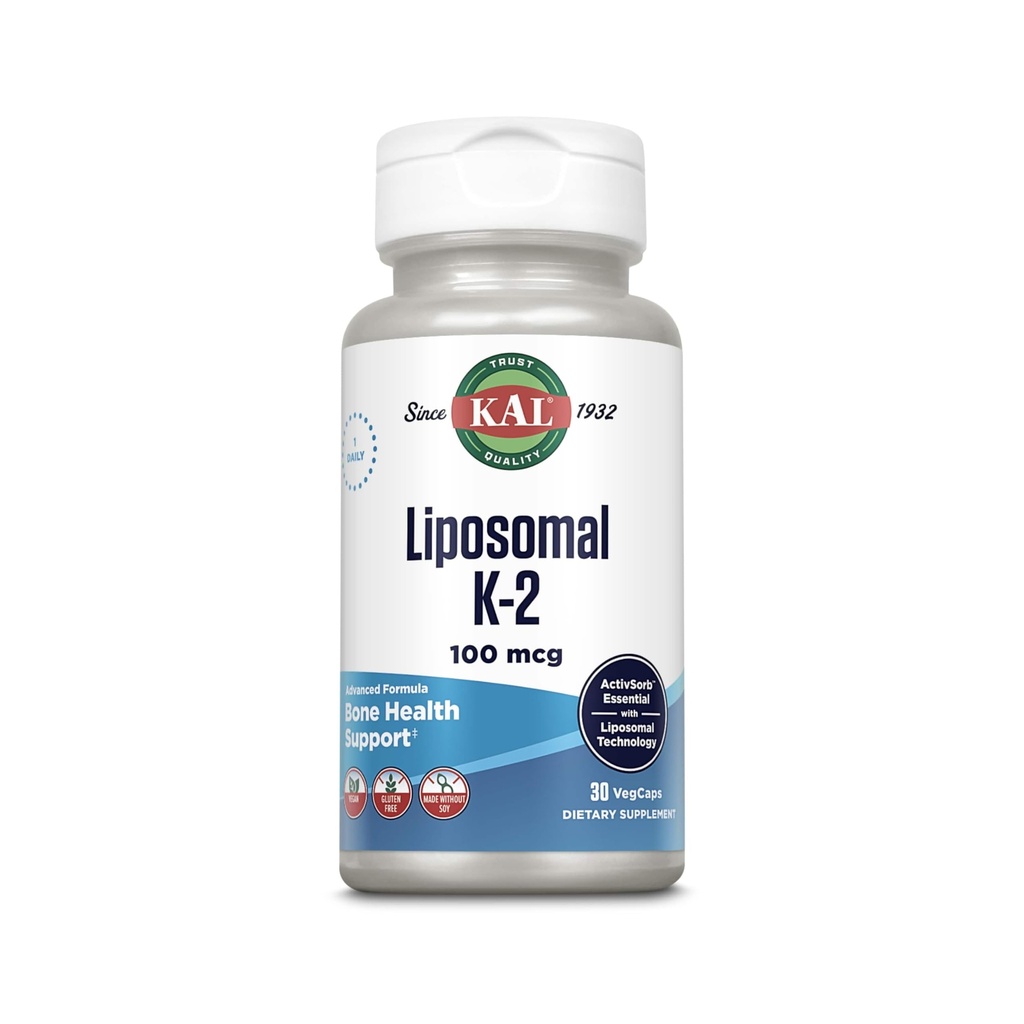 KAL Liposomal Vitamina K2 Suplemento con MK7 100 mcg - Alta Absorción, Tecnología Liposomal - Soporte de bonificación avanzada - Vegan, Gluten Gratis, Hecho Sin Soy, 30 Servimientos, 30 VegCaps