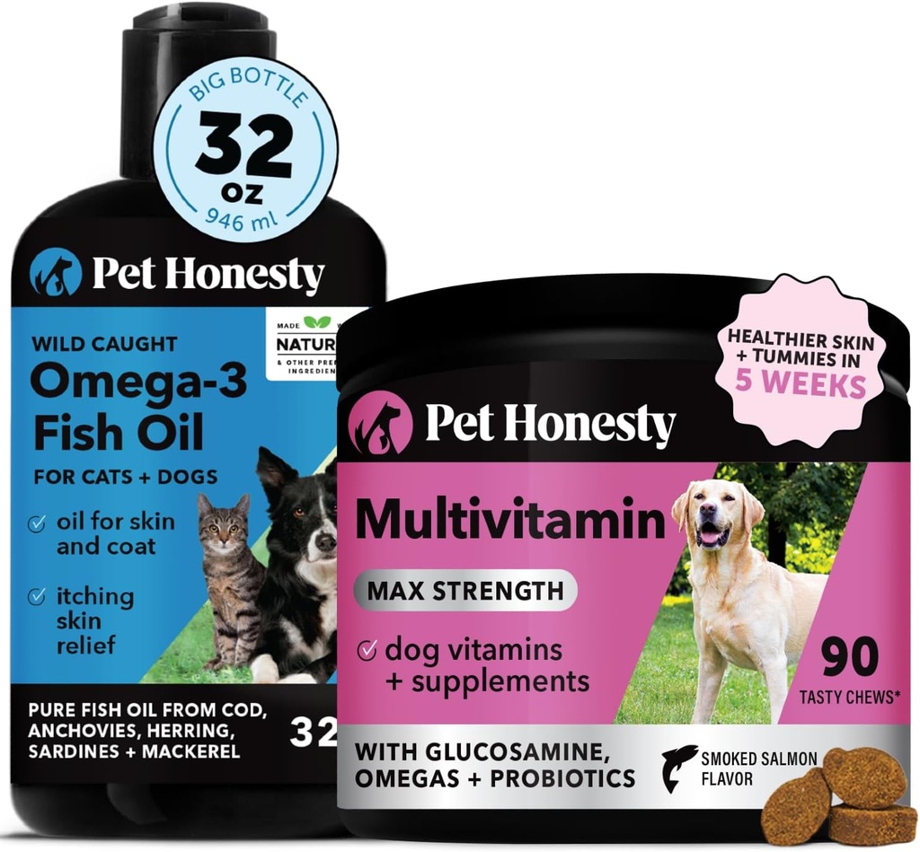Omega 3 aceite de pescado & Multivitamina Max Strength Agrupación: Wild Caught Omega 3 Suplemento " 15 en-1 Vitaminas para perros para la piel, la carne y la salud (32oz)