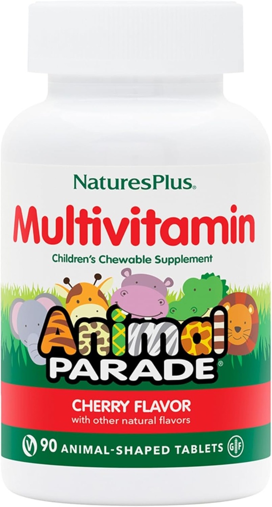 Natures Plus Animal Parade Multivitamin Children's Chewables - Cherry Flavor - 90 Animal-Shaped Tablets - Promueve Salud & Bienestar - Vegetariano, Gluten Gratis - 45 Servings