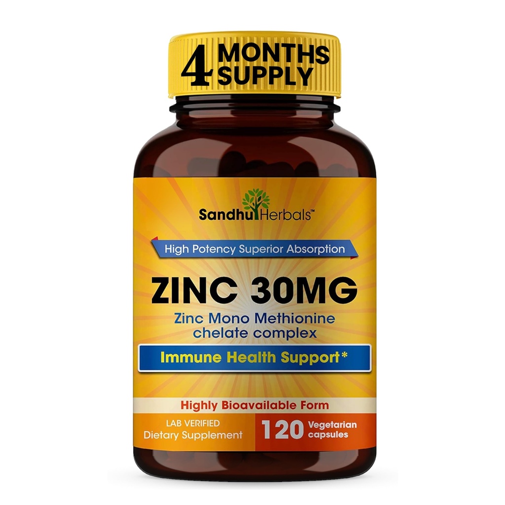 SANDHUHERBALS Zinc 30mg Cápsulas para Hombres &amp; Mujeres TENIDO 120 Conde (Pack of 1) TEN Zinc Suplementos para Immune &amp; Antioxidante Apoyo TEN Zink 30 mg Suplementos Esquía Salud
