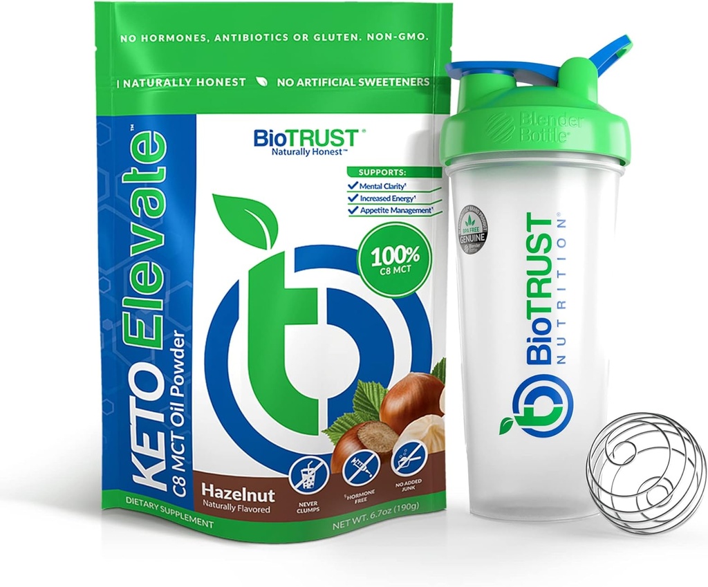 BioTrust Keto Elevate Pure C8 MCT Pólvora de aceite (Hazelnut) BlenderBottle Bundle