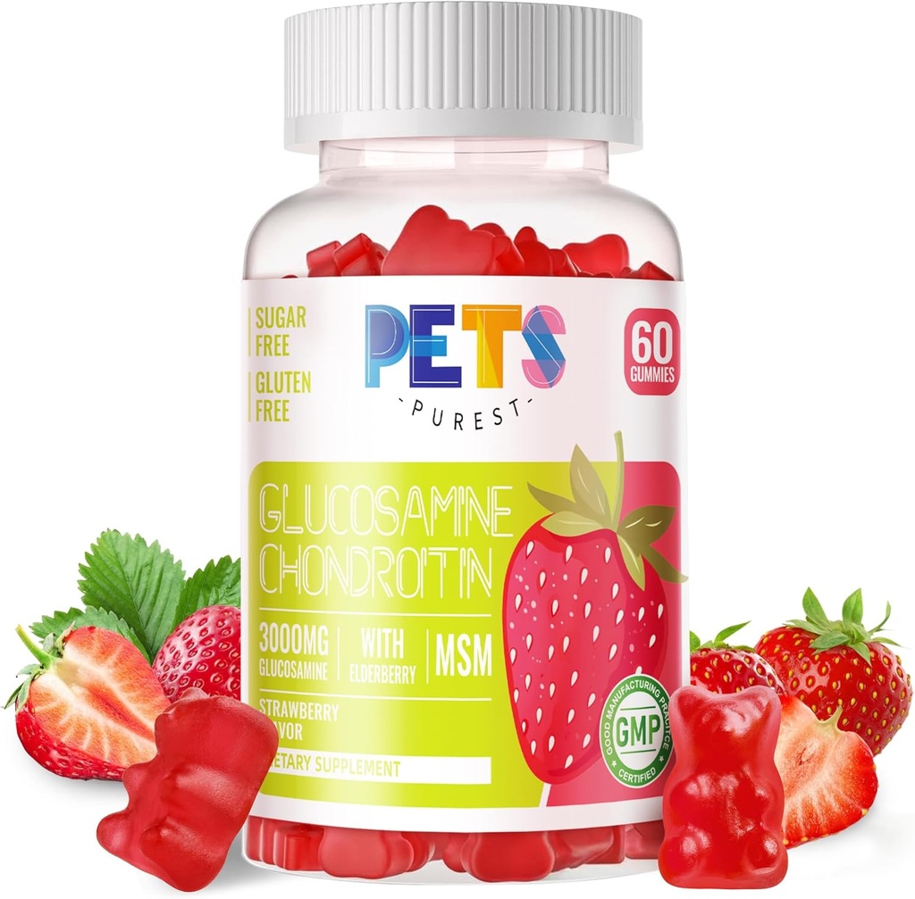 Glucosamine Chondroitin Gummies with MSM & Elderberry Extra Strength - Apoyo conjunto, suplemento de apoyo antioxidante para adultos, hombres y mujeres. Fresa