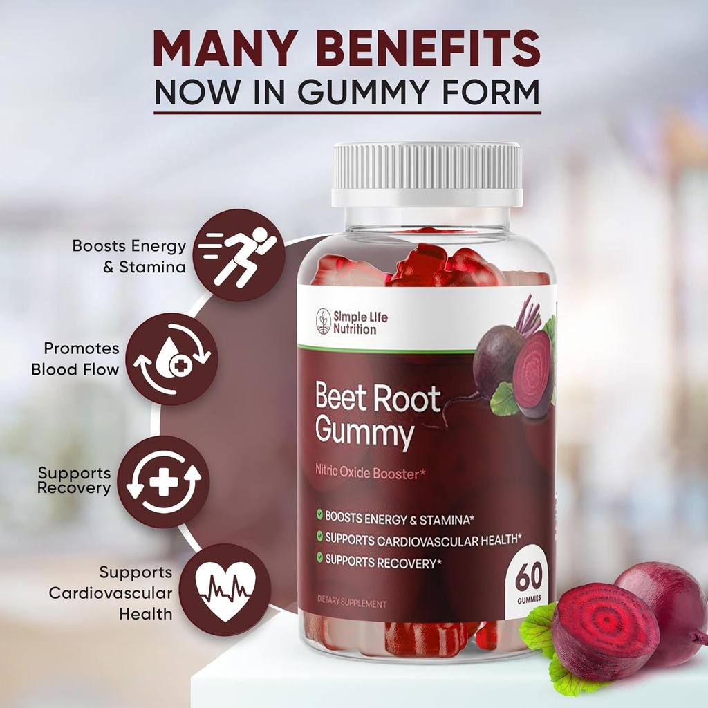 Orgánicas gomas de remolacha Nitric Oxide Booster for Men & Women - Organic Non-GMO Gluten Free Vegan Beets - 60CT