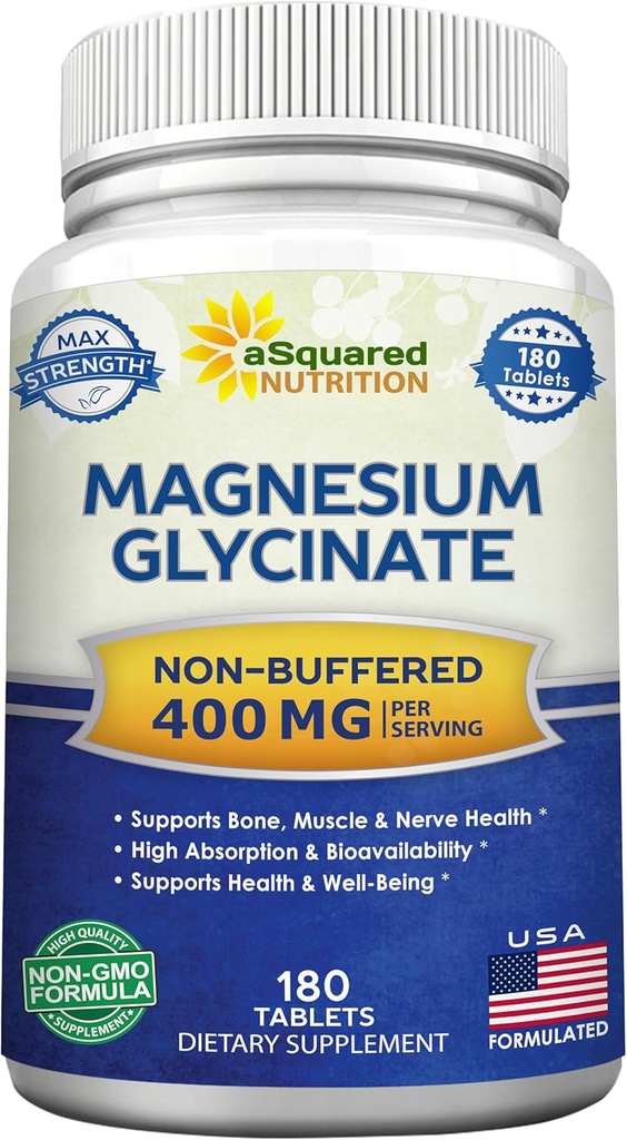 aSquared Nutrition Magnesium Glycinate 400mg - 180 Tablets - Max Strength Magnesium Bisglycinate Suplemento -Maximum Bioavailability & Absorption-No-GMO -No Buffered-Supports Muscles, Bones & Heart