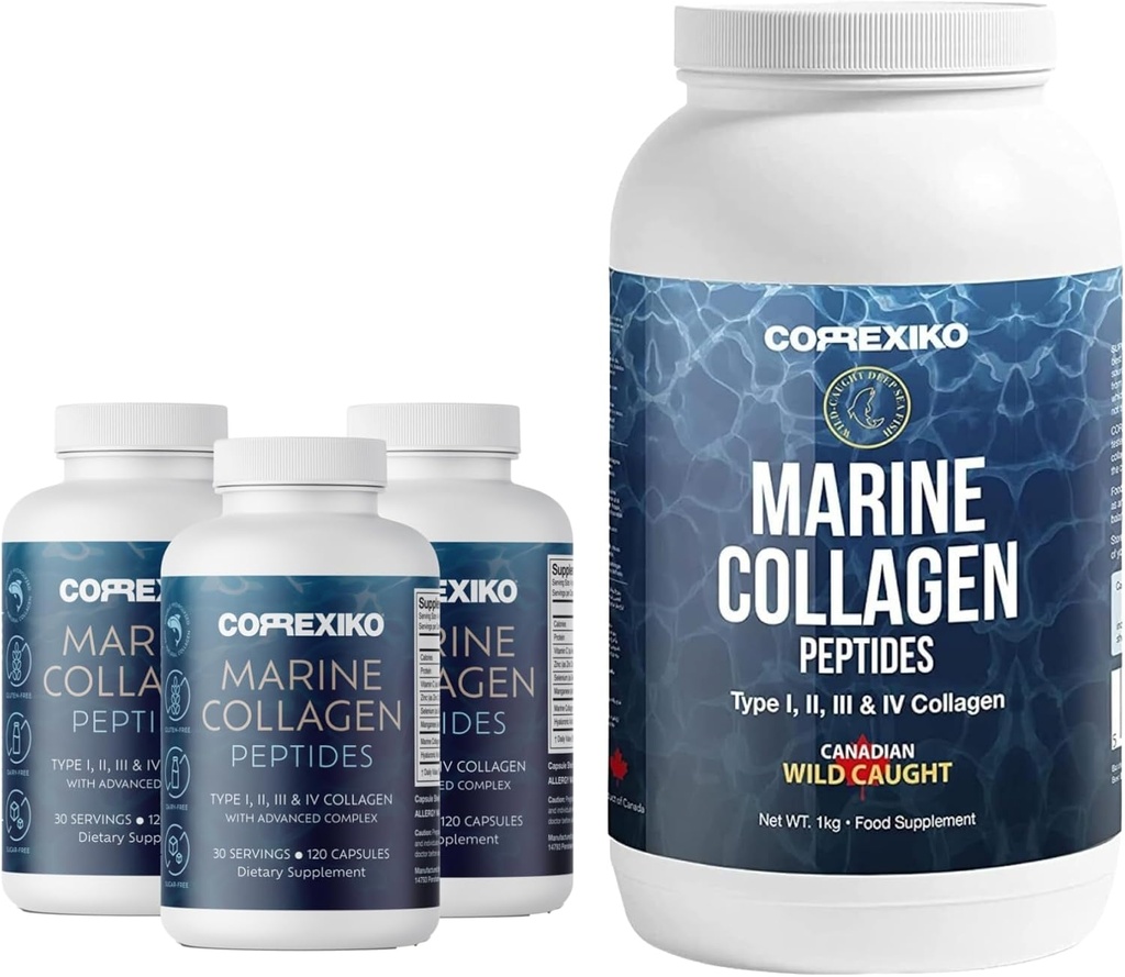 CORREXIKO Marine Collagen Supplement Pills & Powder Bundle 3 Month Supply - Incluye 10.000 mg Double Hydrolyzed Collagen Powder 1kg & 1800mg Collagen Peptides 360 Capsules - para el cabello, piel & uñas