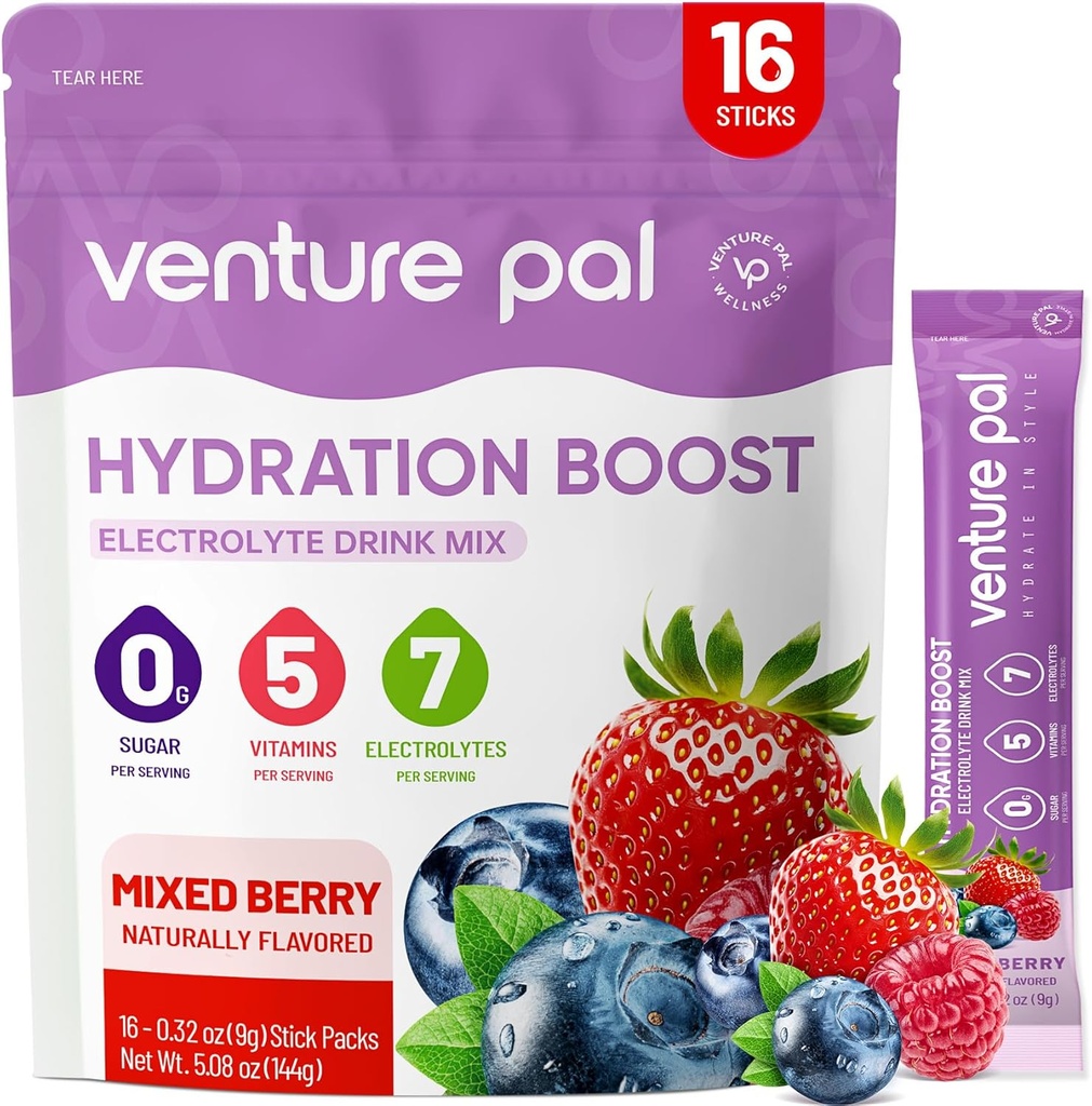 Venture Pal Sugar Free Electrolyte Powder Packets - Liquid Daily IV Hydration Packets  Electrolytes Drink Mix with 5 Vitamins & 7 Electrolytes ← Keto Friendly ← Non-GMO Silencio Certified Vegan tención 16 Sticks