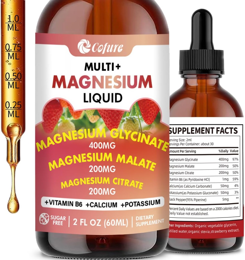 Complejo de magnesio triple 900 mg Líquido, Glicona de Magnesio, Citrato, Malato con Potasio, Calcio, Vitamina B6 para Adultos - Vegano, No GMO, Gluten Gratis - 2 Fl Oz