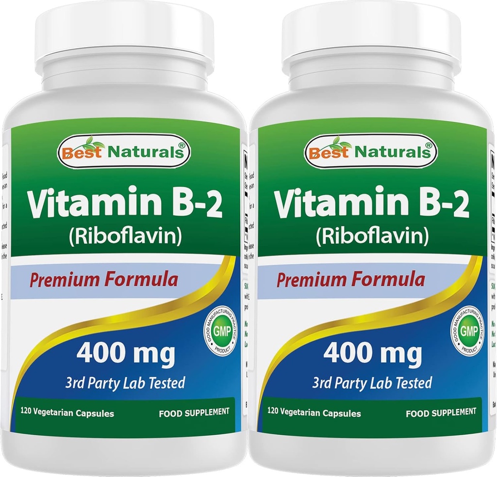 Mejores Naturales Vitamina B2 (Riboflavin) 400mg - Migraine Relief - Veggie Capsules - Conezyme Precursor - 120 Cuenta (120 Cuenta (Pack de 2))