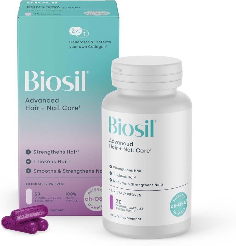 Biosil Advanced Hair + Nail Care - Vitaminas de crecimiento para las mujeres - Fortalecer " Tiras delgadas - 30 cápsulas - Patented ch-OSA - Suministro de 15 días