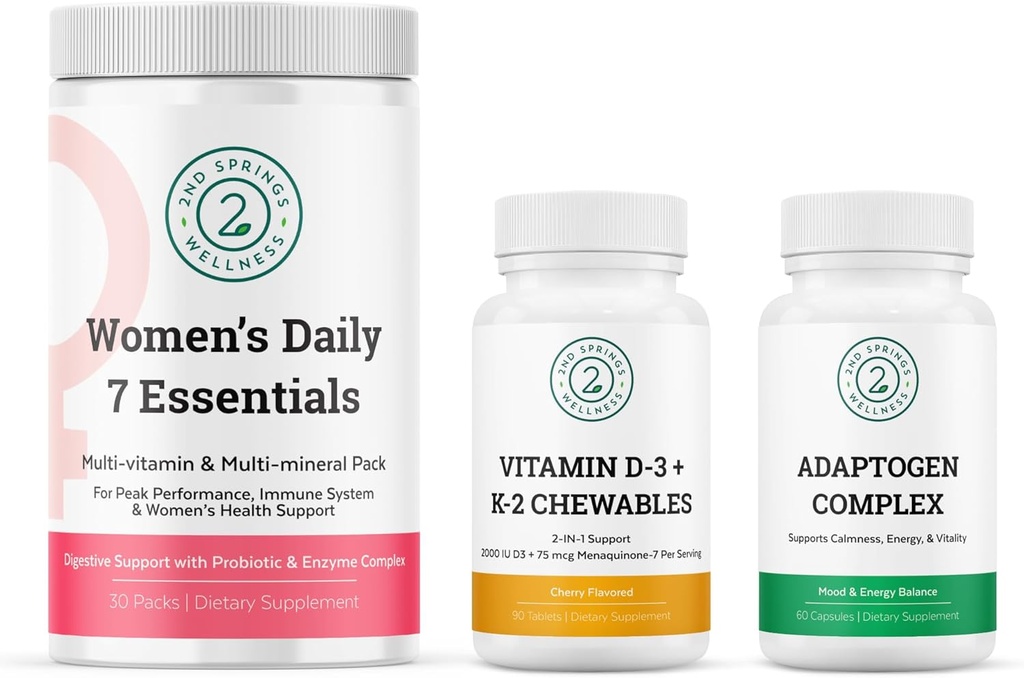 Femenino 7 Esenciales, Vitamina D3 + K2 Chewables & Adaptogen Complejo Bundle