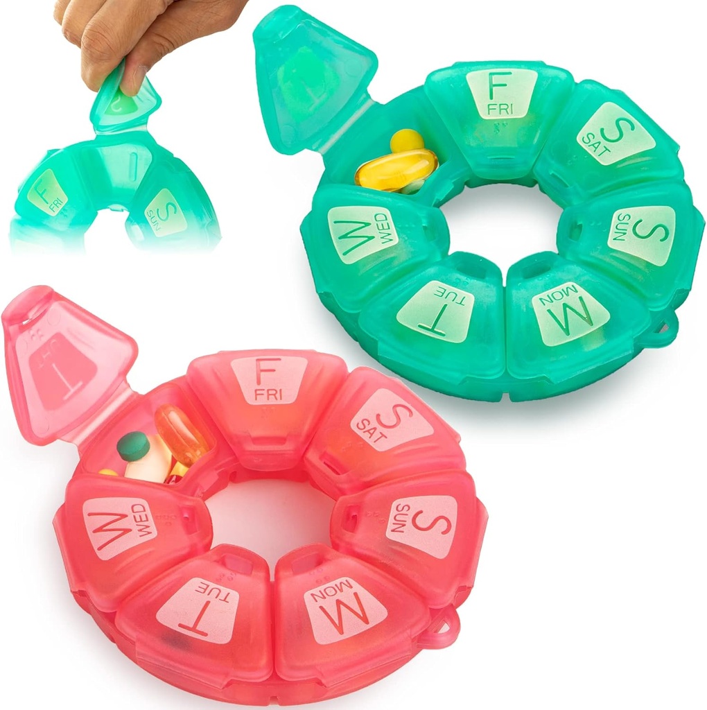 Organizador semanal redondo, TPU Rubberized, Contenedor de pilas de viaje 7 Day, con 7 Grandes Compartimientos, Cute Pill Case con Grandes Letras y Braille (2 pcs Green Rose)