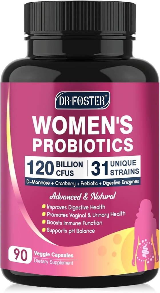 Probióticos para la Salud Digestiva de las Mujeres, Probióticos vaginales 120 Billones CFU 31 Strains con Enzimas Digestivas " Mannose " Arándano para la Tract de orina, 90 cápsulas