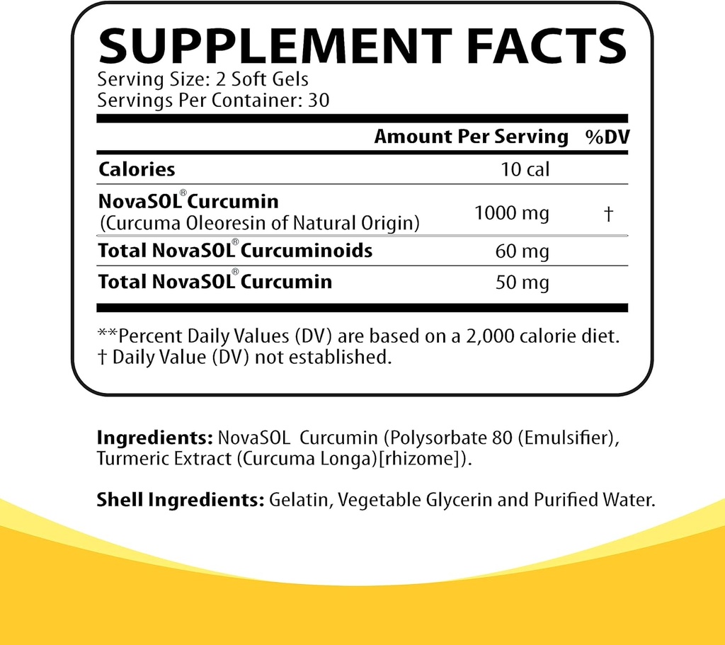 Curcumin Turmeric Suplemento 1000mg para Soporte Conjunto-185x Biodisponible & alta absorción con tecnología NovaSOL – 60 NutriCumin Softgels