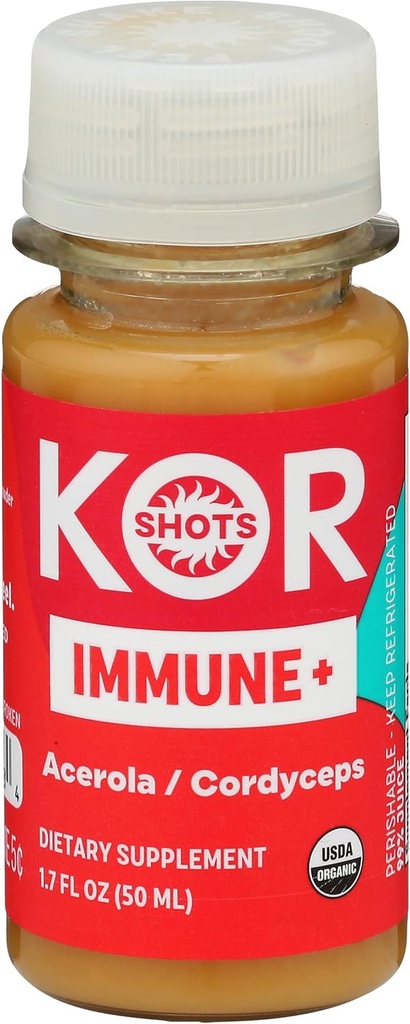 Kor Shot Acerola Ginger y Cordyceps Zapato - 1.7 Fl Oz - Immune Plus - Sistema Inmunitario Booster - 533% DV Vitamina C - USDA Certificado Orgánico - Suplemento dietético