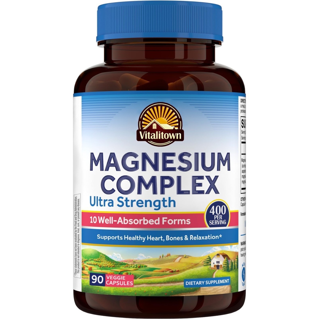 Vitalitown 10 en 1 Magnesium Complex Suplemento - 400mg Magnesio Elemental Chelated with Glycinate, Citrate, Malate, Taurate &amp; More - for Sleep Heart Energy - Non-GMO, Vegan, 90 Caps