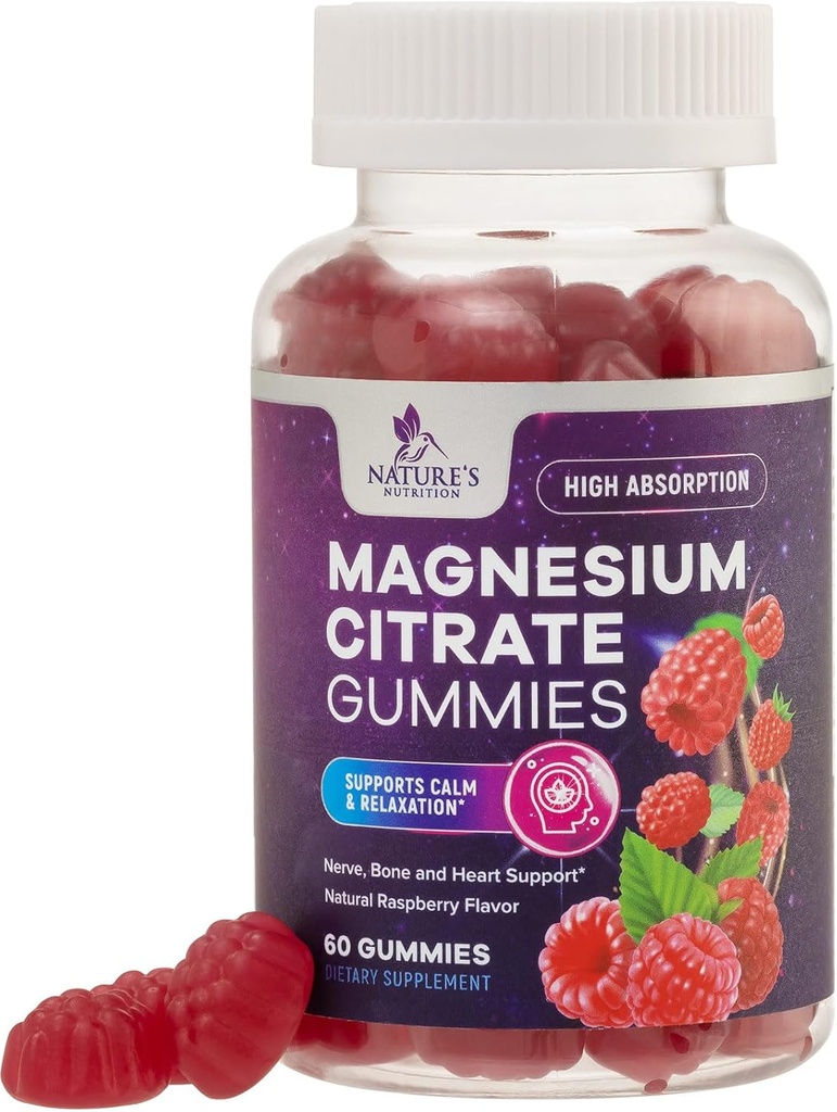 Magnesio Citrate Gummies Suplemento - Alta Absorción, Magnesio Vegano Suplemento Gummy para Adultos & Niños, Magnesio Citrate Gummy Suplementos para Muscle, Nerve, Bone y Heart Support - 60 Gummies