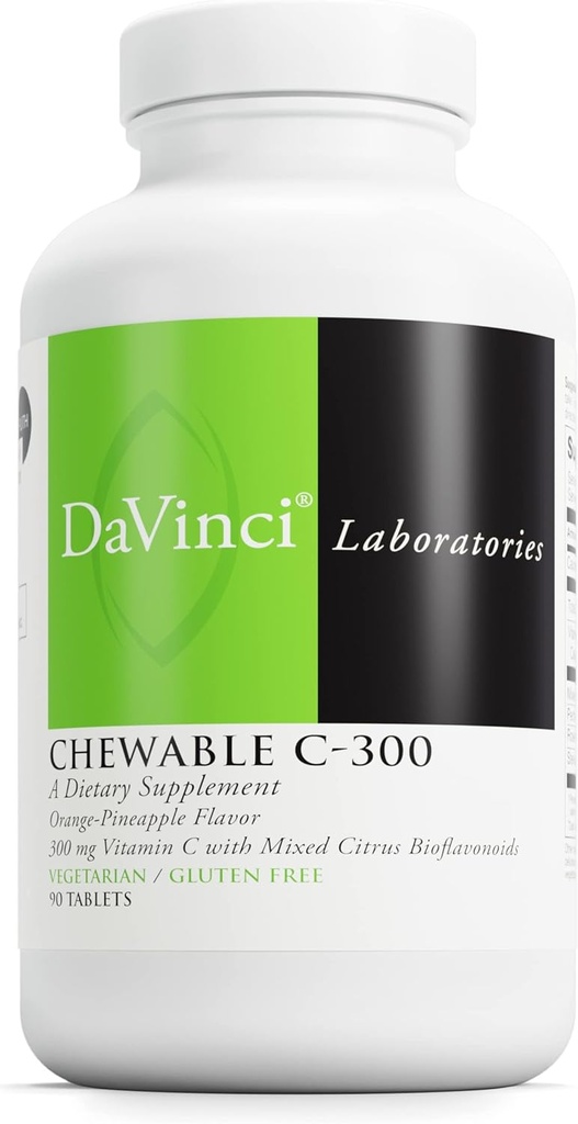 DaVinci Labs Chewable C-300 - Suplemento de Apoyo Salud Inmunitaria, Producción Colesteral y Colágeno - Con Vitamina C, Pectina y Más - Sin gluten - Naranja Pineapple Flavor - 90 Tabletas Vegetarianas