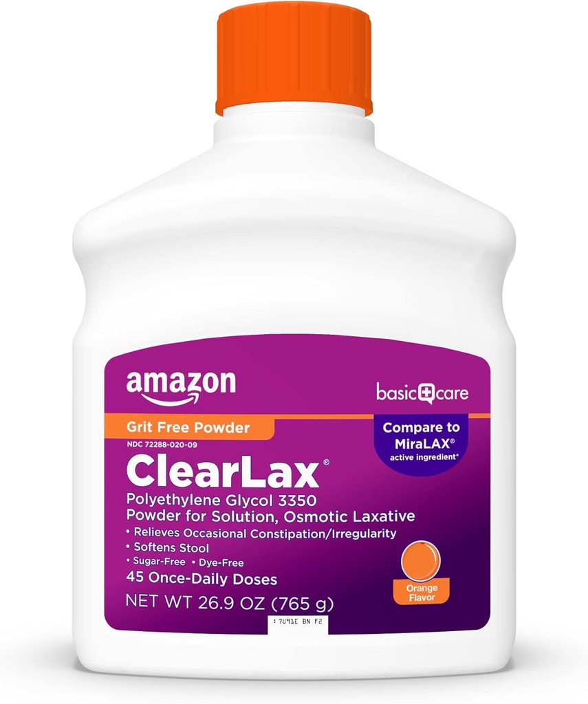 Amazon Cuidado básico ClearLax, Polvo laxante para el alivio del estreñimiento suave, Softens Stool, Polyethylene Glycol 3350, Orange Flavor, 1,68 libras (Pack of 1)