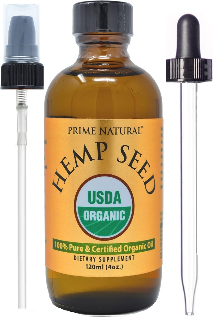 PRIME NATURAL Aceite de semilla de cáñamo orgánico 4oz - USDA Certified - Aceite de Sativa - Puro, Frío Presionado, Virgen, Infinito, Vegano, Grado de Alimentos - Alta Omega 3 6 9 Ácidos grasos - Bien por cara, cuerpo, piel y cuidado del cabello