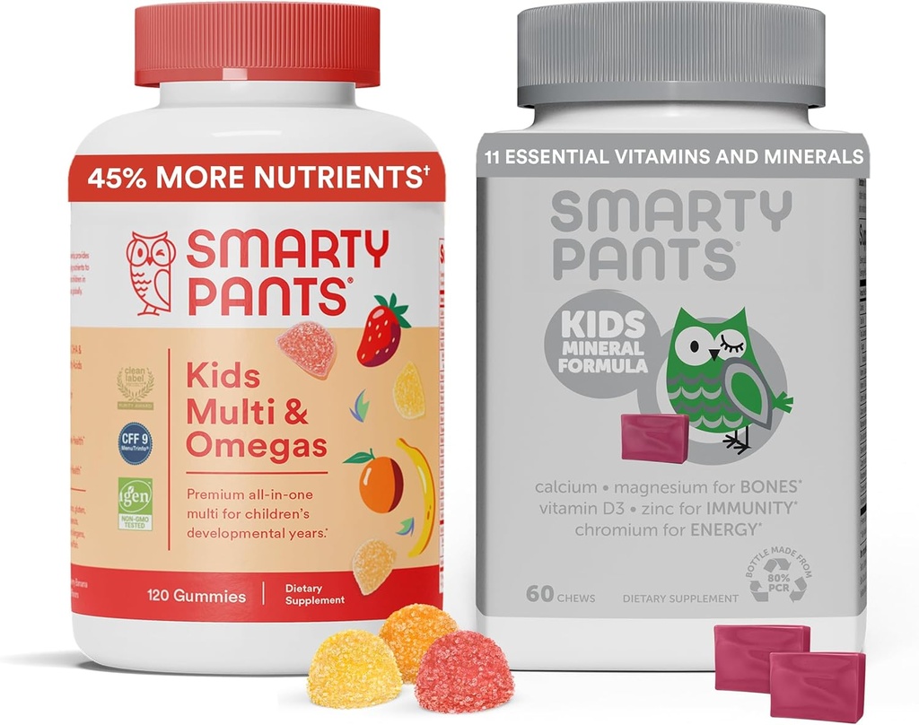 SmartyPants Kids Multivitamin Gummies & Kids Mineral Mandíbulas: Multivitamina con aceite de pescado Omega 3 (EPA/DHA) y multimineral con citrato de magnesio " Calcio, 30 días de suministro cada uno