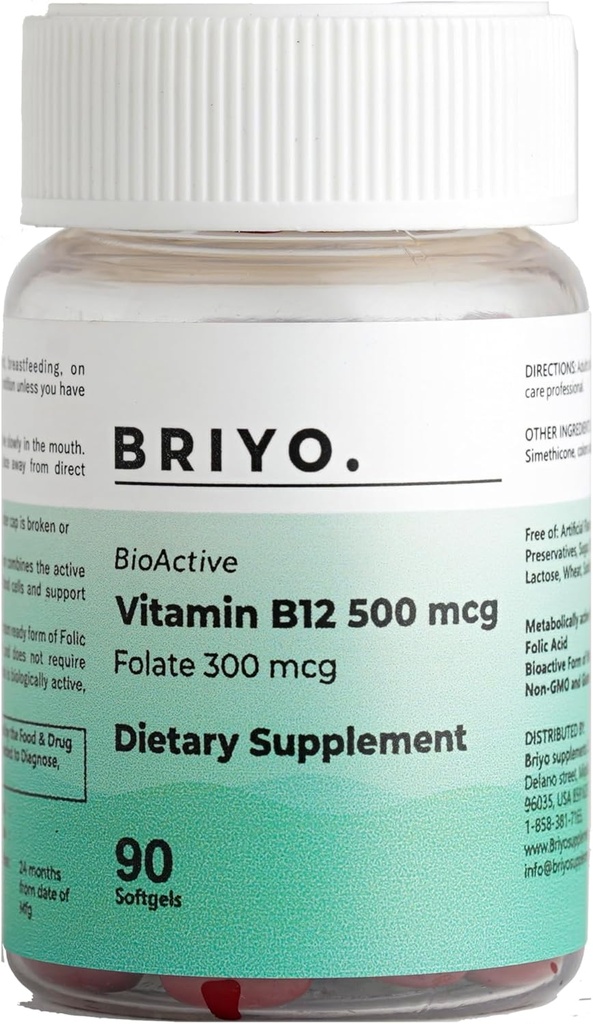 Briyo Vitamina B12 500 mcg (metilcobalamina) con folato (metilalfolato) 90 Mini softgels